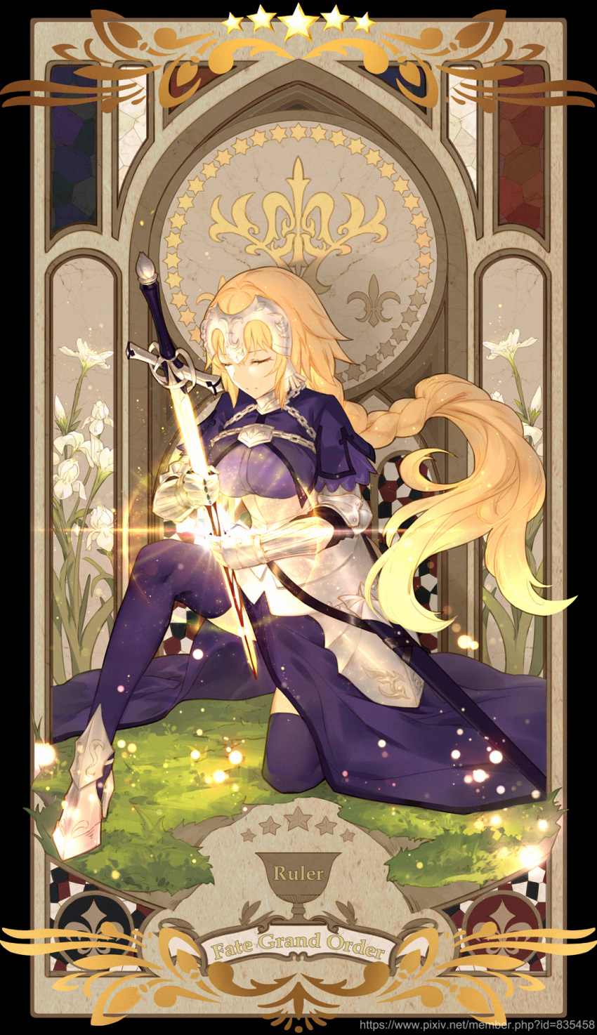 armor armored_boots armored_dress blonde_hair blood blue_dress boots braid chain closed_eyes commentary_request dress fate/apocrypha fate/grand_order fate_(series) faulds flower fur_trim gauntlets glowing glowing_sword glowing_weapon grass headpiece highres holding holding_sword holding_weapon jeanne_d'arc_(fate) jeanne_d'arc_(fate)_(all) long_braid long_hair one_knee single_braid sitting sword thighhighs very_long_hair weapon white_flower yijian_ma