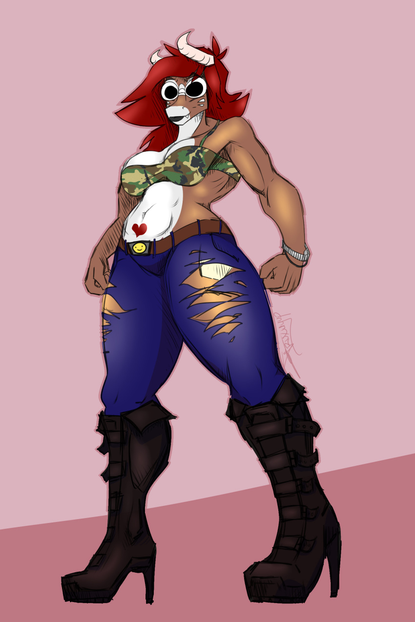 anthro black_boots bra brenda clothed clothing clout-goggles digital_media_(artwork) dragon fangs female fruxuyup hair heeled_boots horn jeans looking_at_viewer mammal markings pants red_hair solo standing torn_clothing torn_jeans torn_pants underwear