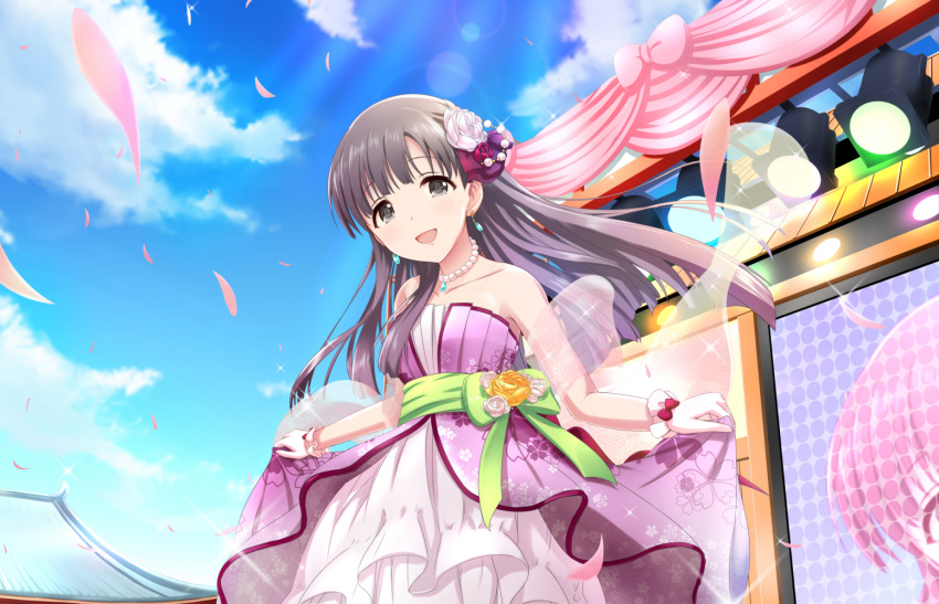 1girl akisaka_yamoka bare_shoulders black_eyes black_hair collarbone dress flower hair_flower hair_ornament idolmaster idolmaster_cinderella_girls jewelry kobayakawa_sae long_hair looking_at_viewer necklace pearl_necklace pink_dress sleeveless sleeveless_dress solo tareme upper_body