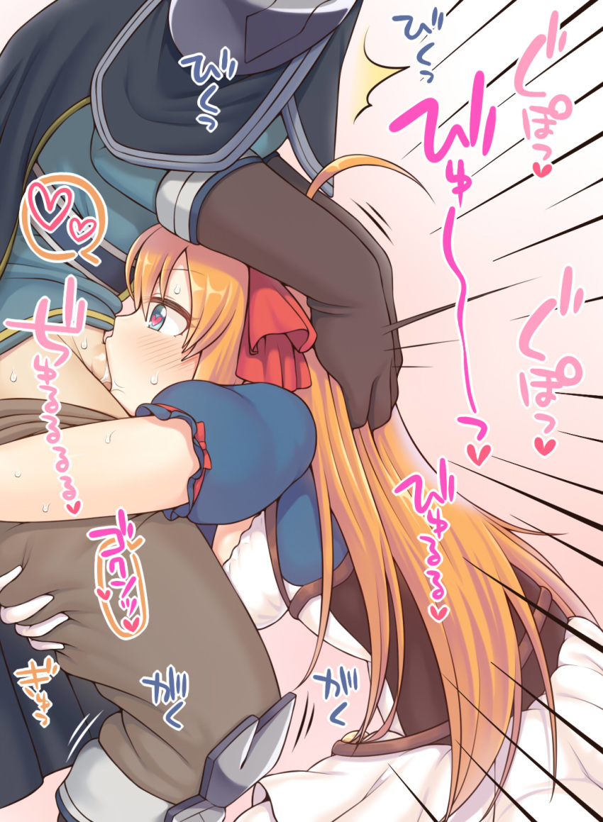 1boy 1girl ahoge blue_eyes blush character_request commentary_request deepthroat emphasis_lines fellatio gloves hair_ribbon head_grab heart heart-shaped_pupils hetero highres hug irrumatio long_hair oral orange_hair pecorine penis princess_connect! princess_connect!_re:dive puffy_short_sleeves puffy_sleeves rantana_(lalalalackluster) red_ribbon ribbon short_sleeves solo_focus spoken_heart sweat symbol-shaped_pupils yuuki_(princess_connect)