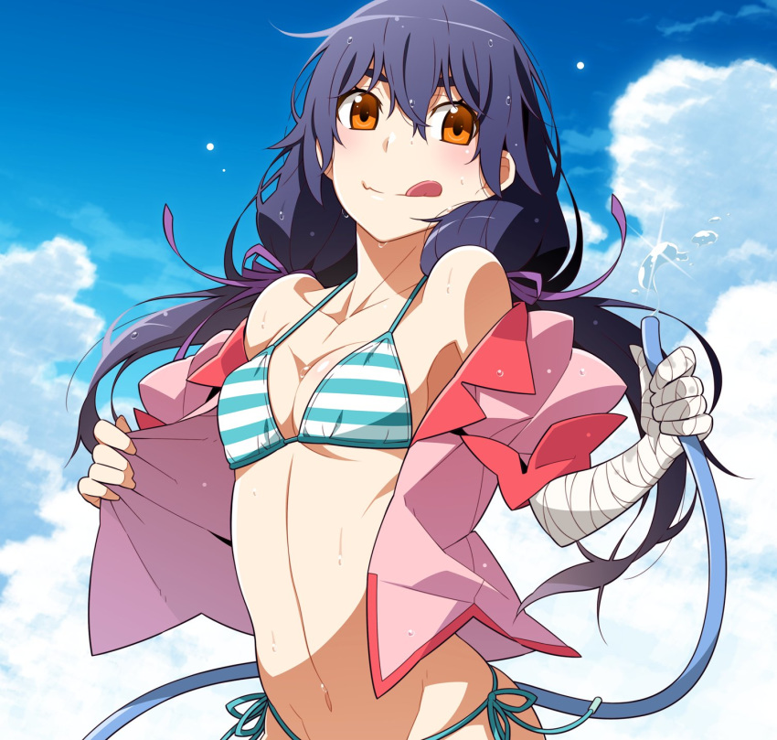 bandaged_arm bandages bikini braid breasts commentary_request day highres kanbaru_suruga monogatari_(series) navel sky small_breasts solo striped striped_bikini swimsuit tongue tongue_out twintails yamanami_kousuke