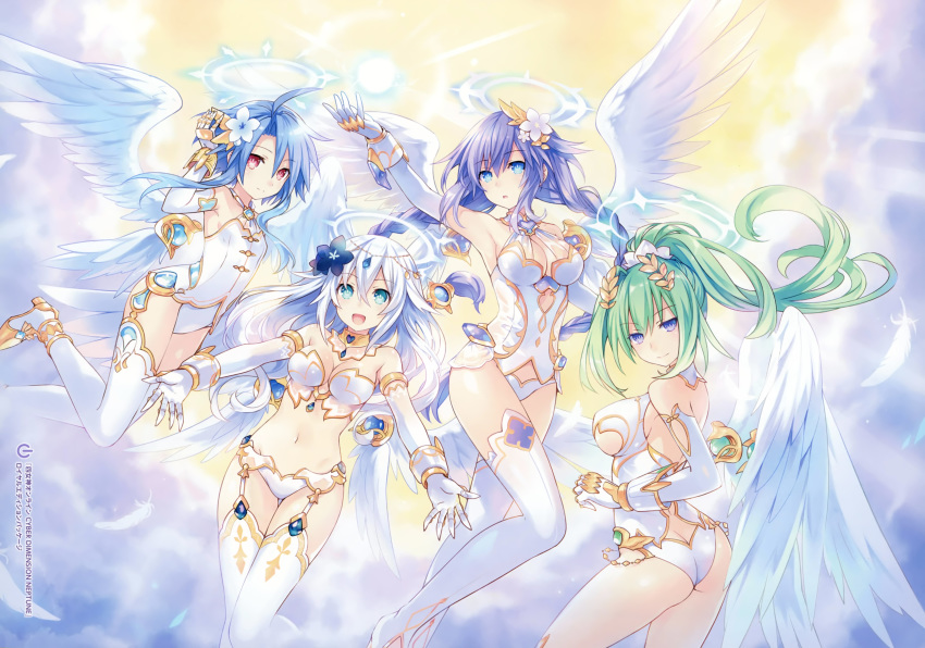absurdres angel_wings ass black_heart blue_eyes blue_hair braid breasts butt_crack cleavage collar elbow_gloves flat_chest four_goddesses_online:_cyber_dimension_neptune garter_belt gem gloves green_heart hair_ornament halo highres jewelry large_breasts leotard long_hair looking_at_viewer medium_breasts multiple_girls navel neptune_(series) non-web_source official_art open_mouth power_symbol purple_eyes purple_hair purple_heart red_eyes short_hair short_hair_with_long_locks sideboob smile thighhighs tsunako twin_braids white_hair white_heart wings