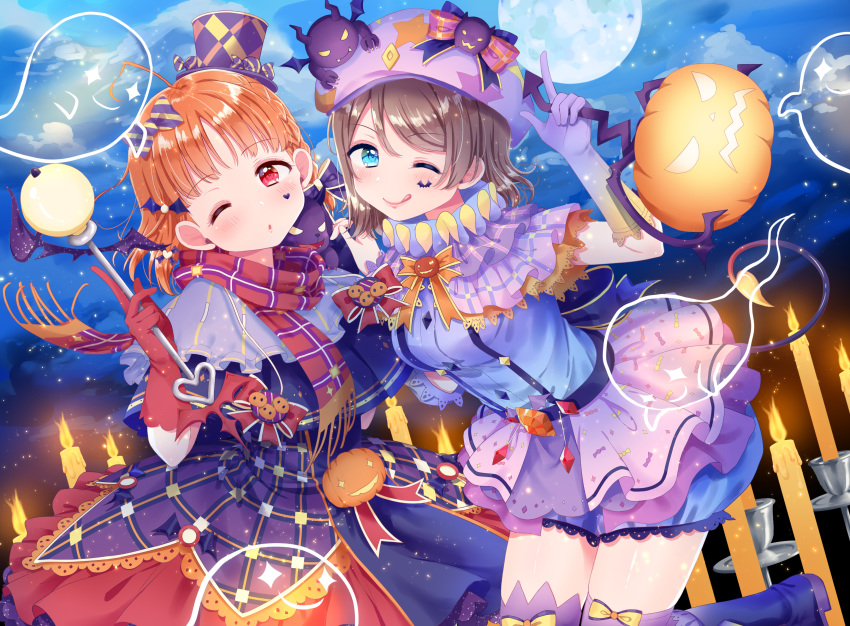 ;q absurdres ahoge bangs bat bat_hair_ornament blue_bow blue_eyes bow braid candle demon_tail dress elbow_gloves facial_mark full_moon ghost gloves grey_hair hair_bow hair_ornament halloween hat hat_bow highres hina_(hinalovesugita) index_finger_raised jack-o'-lantern looking_at_viewer love_live! love_live!_sunshine!! moon multiple_girls neck_ruff night one_eye_closed orange_hair purple_gloves red_eyes red_gloves scarf side_braid striped striped_bow tail takami_chika tongue tongue_out top_hat wand watanabe_you