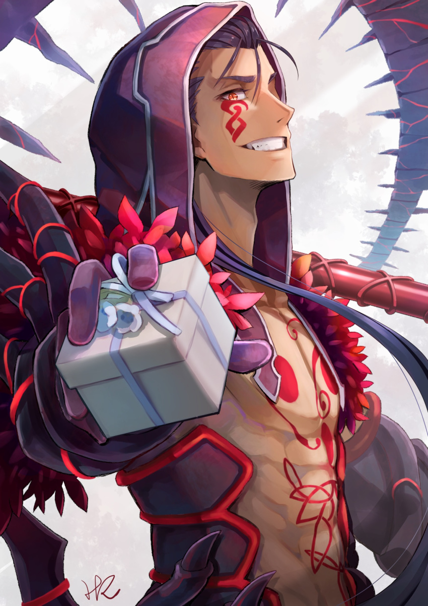 abs bad_id bad_pixiv_id blue_hair chest_tattoo commentary_request cu_chulainn_alter_(fate/grand_order) facial_tattoo fate/grand_order fate_(series) from_side gae_bolg gift gloves grin highres holding holding_gift holding_weapon hoshizaki_reita lance lancer long_hair looking_at_viewer looking_to_the_side male_focus polearm purple_gloves red_eyes sharp_teeth signature slit_pupils smile solo tail tattoo teeth upper_body weapon