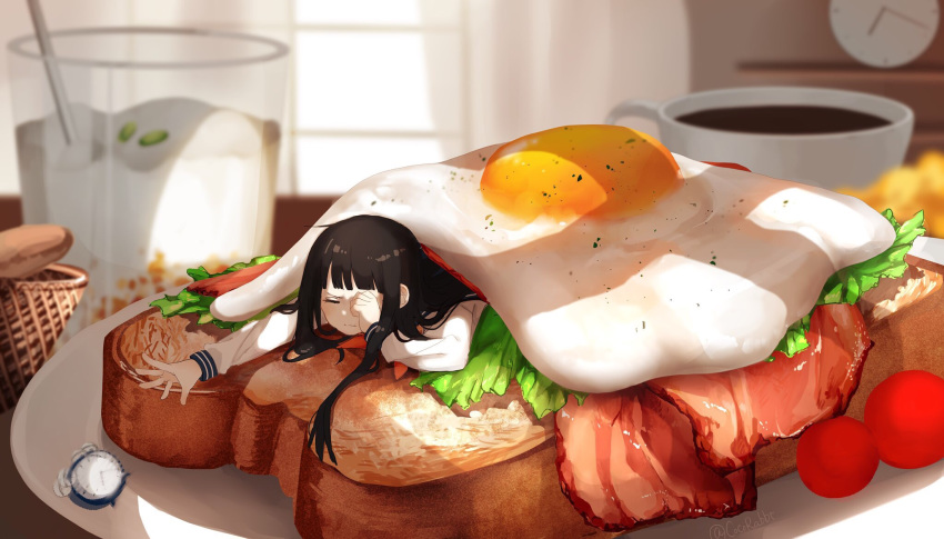 black_hair drink food long_hair original seifuku yuzua