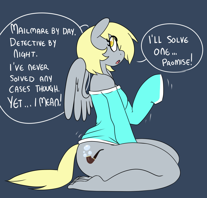 2015 anthro bottomless clothed clothing derpy_hooves_(mlp) english_text equine feathered_wings feathers female friendship_is_magic grey_feathers hi_res hugtastic_pinkie_pie kneeling mammal my_little_pony pegasus solo somescrub text wings