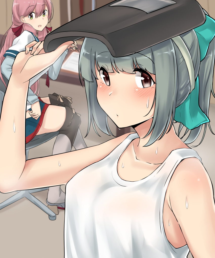 absurdres akashi_(kantai_collection) blush bow brown_hair chair commentary_request eyebrows_visible_through_hair green_eyes grey_hair hair_bow hair_ribbon highres kantai_collection kiritto lifting_mask long_hair looking_at_viewer multiple_girls pink_hair ponytail ribbon sitting sweat thighhighs tress_ribbon welding_mask yuubari_(kantai_collection)