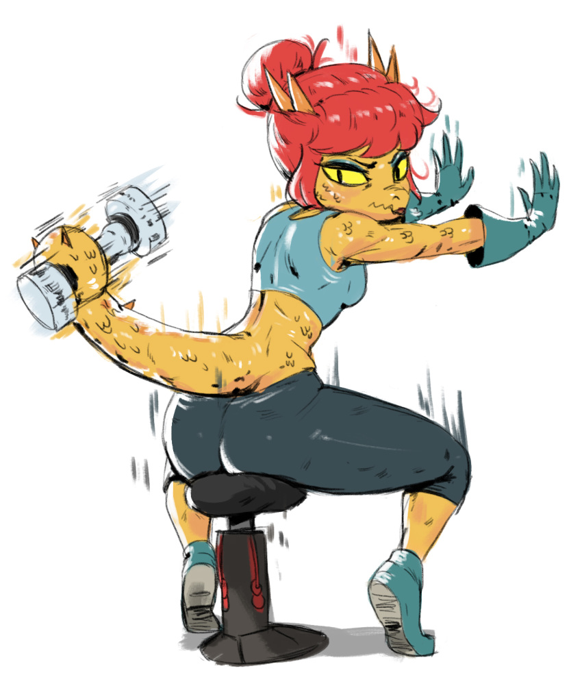 2018 4_fingers anthro breasts clothed clothing cosma digital_media_(artwork) exercise female gloves hair lizard looking_back midriff ok_k.o.!_let's_be_heroes orange_scales rear_view red_hair redandblacktac reptile scales scalie shake_weight shirt simple_background sitting slit_pupils solo tank_top white_background yellow_sclera