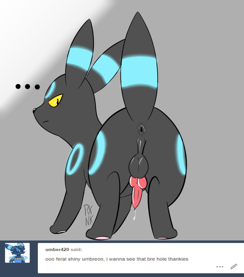 &lt;3 2018 animal_genitalia anus backsack balls butt canine cum eeveelution erection feral grey_background hi_res invalid_tag knot looking_at_viewer looking_back male mammal nintendo open_mouth paws penis perineum pink_penis pok&eacute;mon pok&eacute;mon_(species) precum presenting presenting_hindquarters raised_tail rear_view rhuanfps shackles shiny_pok&eacute;mon simple_background solo tumblr umbreon video_games yellow_eyes