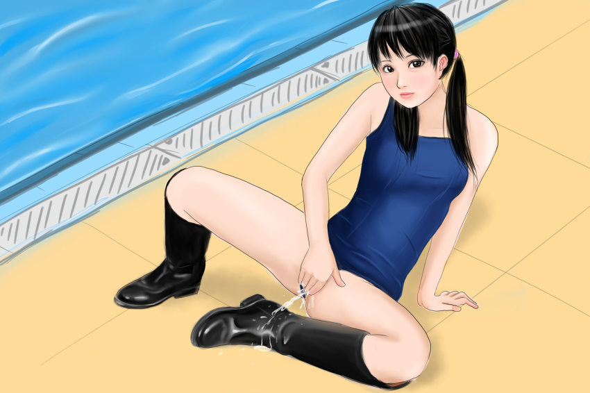 black_footwear boots cum cum_on_clothes female_ejaculation female_orgasm leather leather_boots looking_at_viewer masturbation one-piece_swimsuit orgasm pool pussy_juice school_swimsuit shimei swimsuit water