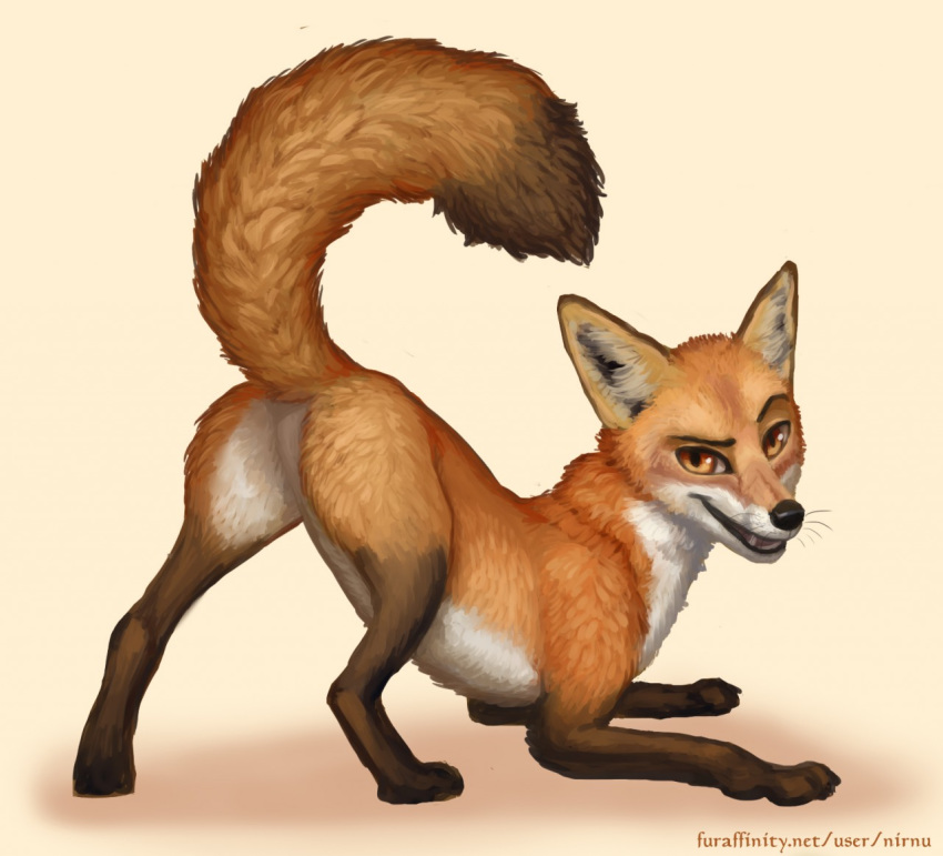 ambiguous_gender black_nose butt canine feral fox fur looking_at_viewer mammal nirnu presenting_rear raised_tail smile