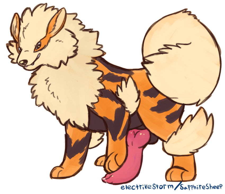 animal_genitalia animal_penis arcanine balls canine canine_penis electrikestorm erection feral fur hand_on_penis hi_res knot male mammal nintendo penis pink_penis pok&eacute;mon pok&eacute;mon_(species) precum simple_background solo video_games white_background