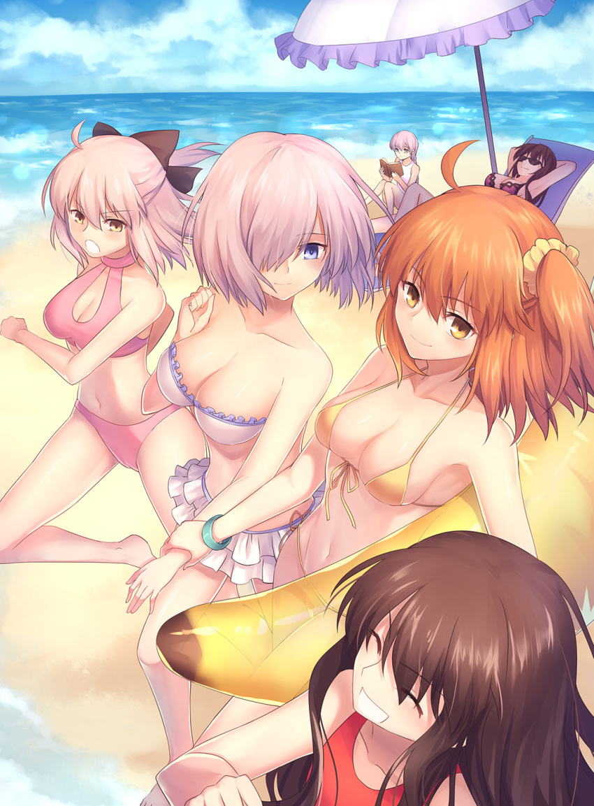 :d :o ^_^ banana_boat bangs bare_arms bare_legs bare_shoulders barefoot beach beach_umbrella bikini bikini_skirt blue_eyes blue_sky blush book braid breasts brown_eyes brown_hair chair character_request cleavage closed_eyes cloud cloudy_sky collarbone commentary_request day eyebrows_visible_through_hair fate/grand_order fate_(series) frilled_umbrella frills from_above front-tie_bikini front-tie_top fujimaru_ritsuka_(female) gogatsu_fukuin hair_between_eyes hair_ornament hair_over_one_eye hair_scrunchie highres holding holding_book horizon inflatable_toy koha-ace large_breasts long_hair lounge_chair lying mash_kyrielight multiple_girls ocean oda_nobunaga_(fate) okita_souji_(fate) okita_souji_(fate)_(all) on_back one-piece_swimsuit one_side_up open_book open_mouth outdoors pink_bikini purple_bikini purple_eyes purple_hair reading red_swimsuit running sand scathach_(fate)_(all) scathach_(swimsuit_assassin)_(fate) school_swimsuit scrunchie side-tie_bikini sitting sky smile sunglasses swimsuit transparent umbrella very_long_hair water white_bikini white_school_swimsuit white_swimsuit wrist_grab yellow_bikini yellow_scrunchie