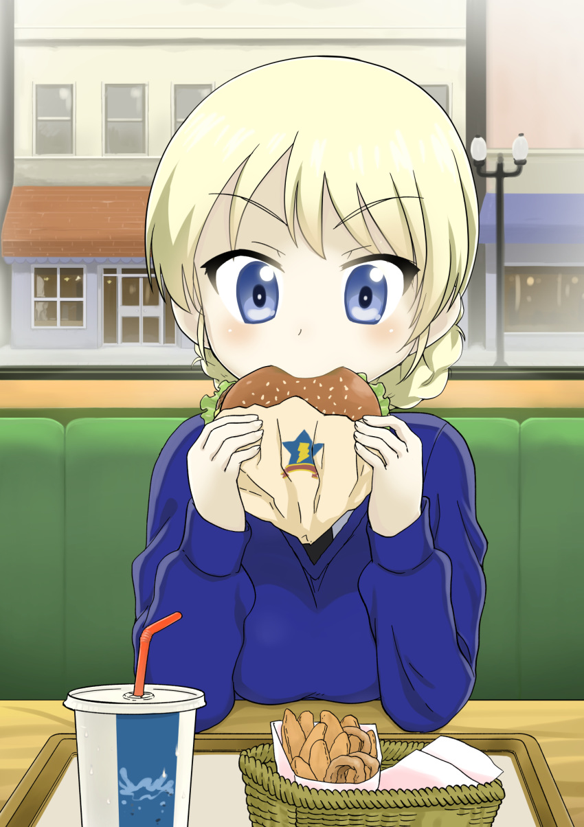 bangs basket bench black_neckwear blonde_hair blue_eyes blue_sweater braid closed_mouth commentary_request condensation cup darjeeling disposable_cup dress_shirt drinking_straw eating elbow_rest emblem eyebrows_visible_through_hair food girls_und_panzer go_yasukuni hamburger highres holding holding_food indoors lettuce long_sleeves looking_at_viewer necktie onion_rings potato_wedges saunders_(emblem) school_uniform shirt short_hair sitting solo sweater tied_hair tray twin_braids v-neck v-shaped_eyebrows white_shirt window wrapper