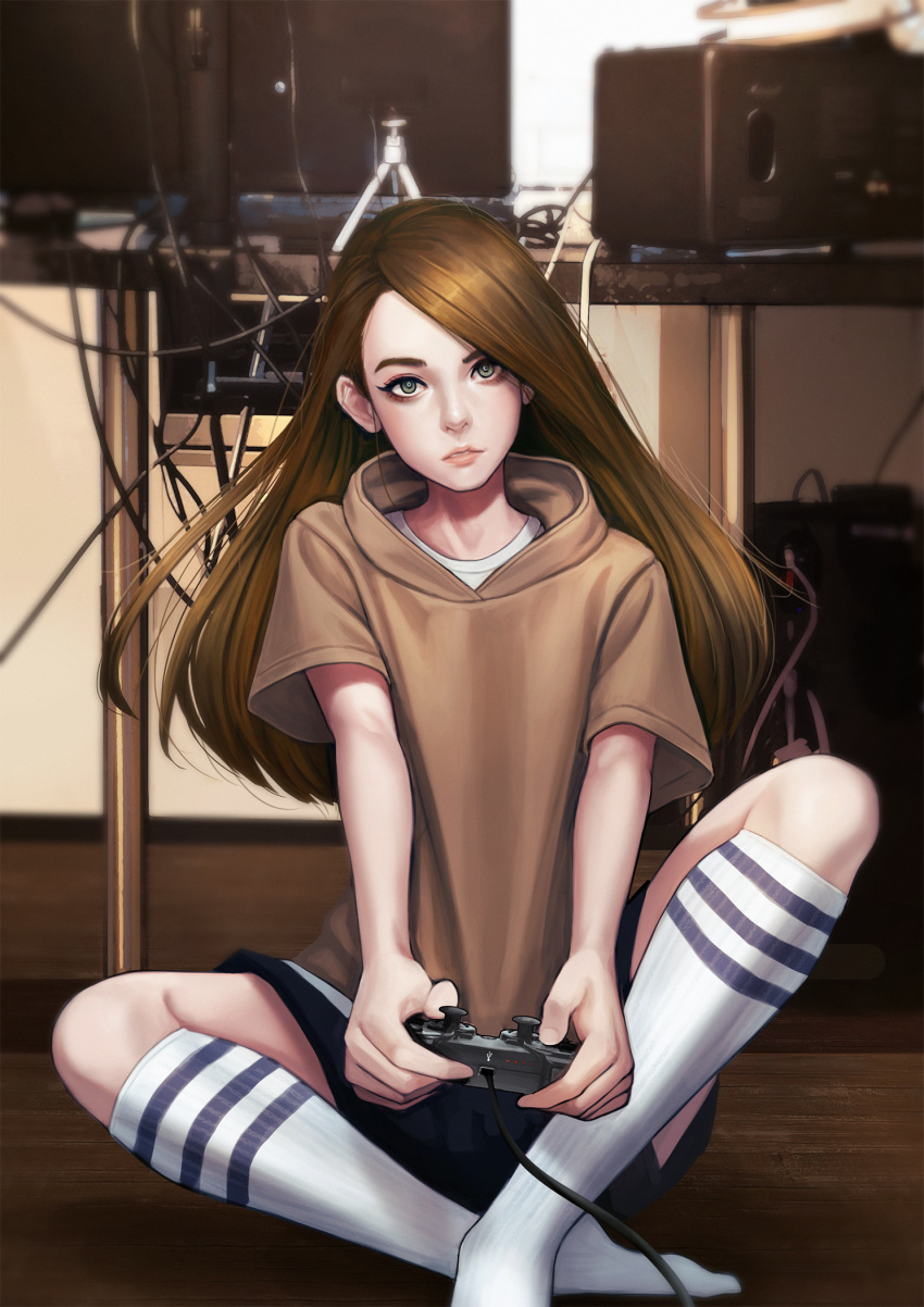 black_shorts brown brown_shirt cable commentary controller english_commentary eyes game_controller green_eyes head_tilt highres holding indoors jungon_kim kneehighs lips long_hair looking_at_viewer no_shoes nose realistic ribbed_legwear shirt short_sleeves shorts sitting triple_horizontal_stripe white_legwear