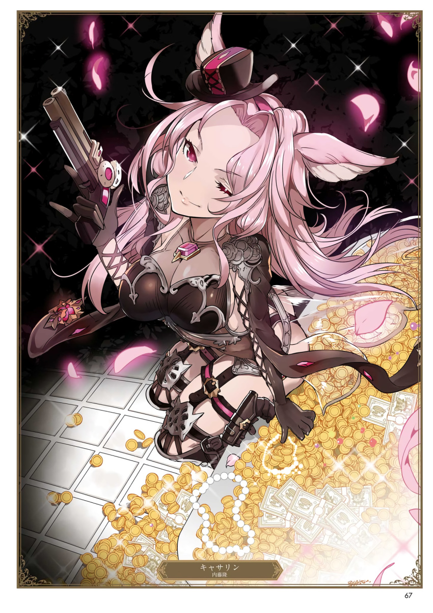 ;) animal_ears artist_name black_gloves black_leotard boots breasts card_(medium) catherine_(granblue_fantasy) character_name cleavage coin collarbone elbow_gloves erune floating_hair from_above garter_straps gloves granblue_fantasy gun highres holding holding_gun holding_weapon holster jewelry jewelry_removed knee_boots large_breasts leotard long_hair looking_at_viewer naitou_ryuu necklace necklace_removed one_eye_closed page_number pink_eyes pink_hair sitting smile solo thigh_holster weapon