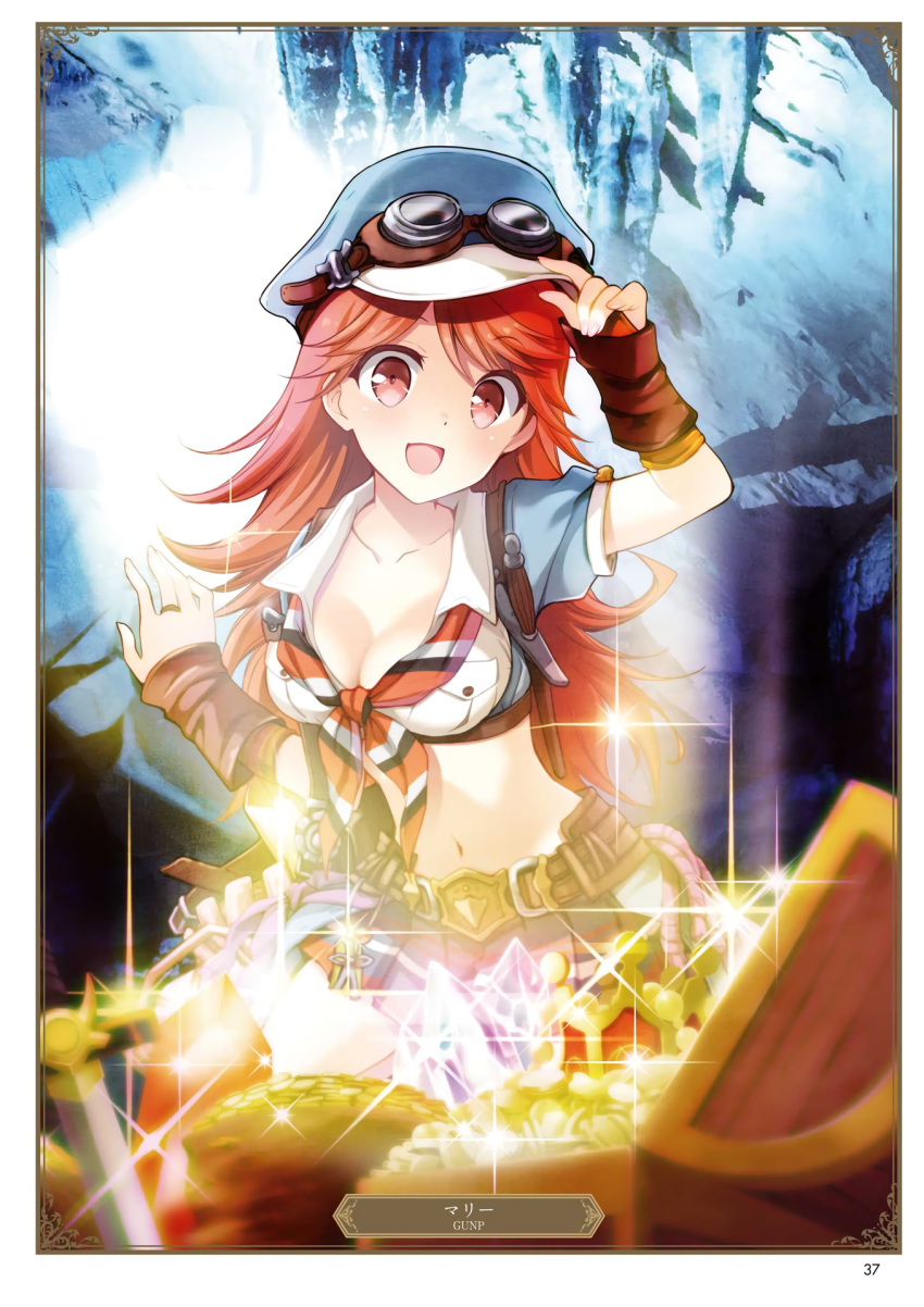 :d artist_name belt bound breasts brown_eyes card_(medium) character_name cleavage collarbone eyebrows_visible_through_hair goggles goggles_on_head granblue_fantasy gunp hat highres long_hair mary_(granblue_fantasy) medium_breasts midriff navel open_mouth orange_hair page_number short_sleeves smile solo sparkle standing stomach tied_up very_long_hair white_hat