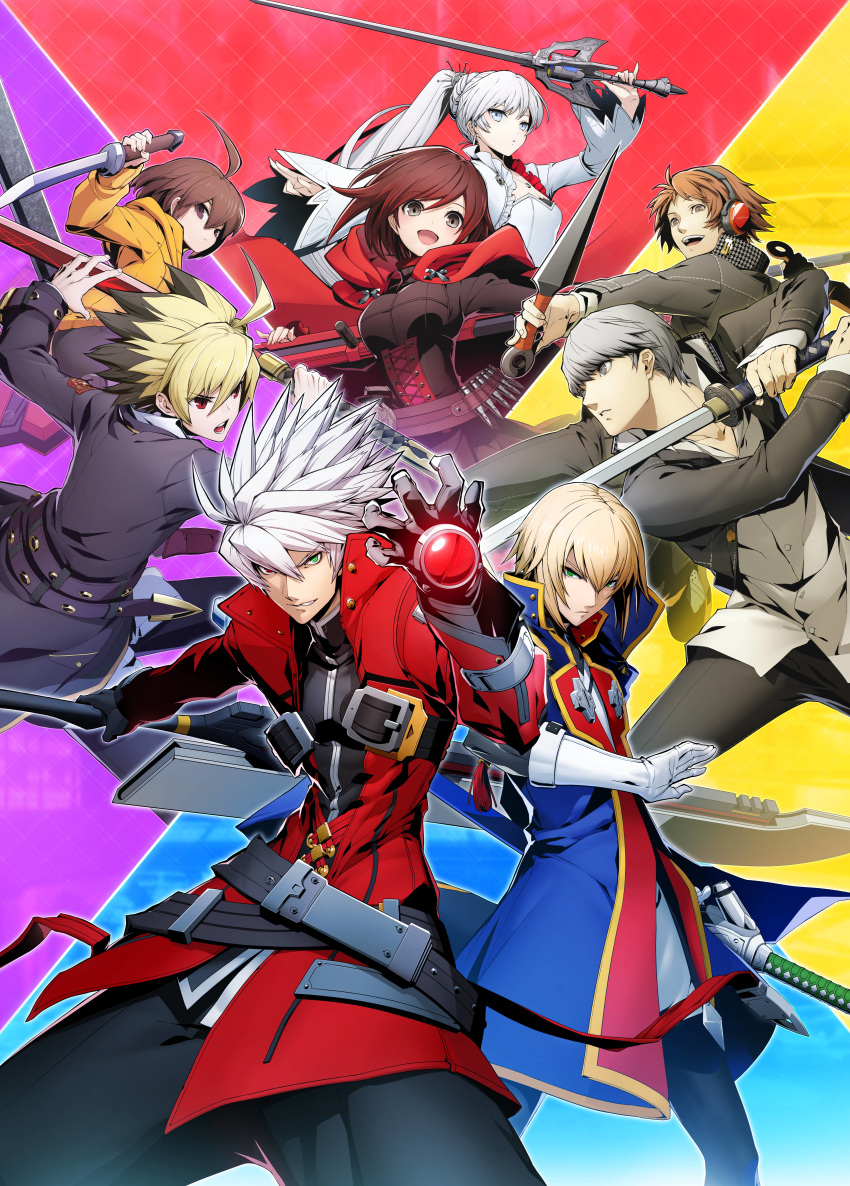 3girls 5boys arc_system_works blazblue blazblue:_cross_tag_battle commentary_request hanamura_yousuke high_reslution hyde_(under_night_in-birth) kisaragi_jin linne multiple_boys multiple_girls narukami_yuu official_art persona persona_4:_the_ultimate_in_mayonaka_arena ragna_the_bloodedge ruby_rose rwby under_night_in-birth very_high_resolution weiss_schnee