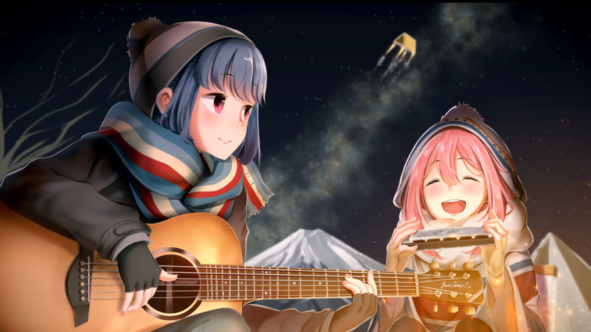 :d ^_^ bangs beige_gloves black_gloves black_jacket blue_hair blurry blurry_background blush campfire casino_(casinoep) closed_eyes closed_mouth commentary depth_of_field eyebrows_visible_through_hair fingerless_gloves fingernails fire gloves guitar hair_between_eyes harmonica highres holding holding_instrument instrument jacket kagamihara_nadeshiko long_hair long_sleeves looking_at_another looking_away mount_fuji multiple_girls nail_polish night night_sky open_mouth outdoors pink_hair pink_nails purple_eyes rocket_tent scarf shima_rin sidelocks sitting sky smile star_(sky) starry_sky striped striped_scarf tent upper_teeth yurucamp