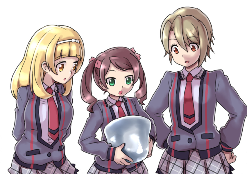 3girls 581_(gohai) andou_kuriyo blonde_hair breasts brown_eyes brown_hair green_eyes itaba_yumi large_breasts multiple_girls school_uniform senki_zesshou_symphogear simple_background small_breasts terashima_shiori twintails white_background yellow_eyes