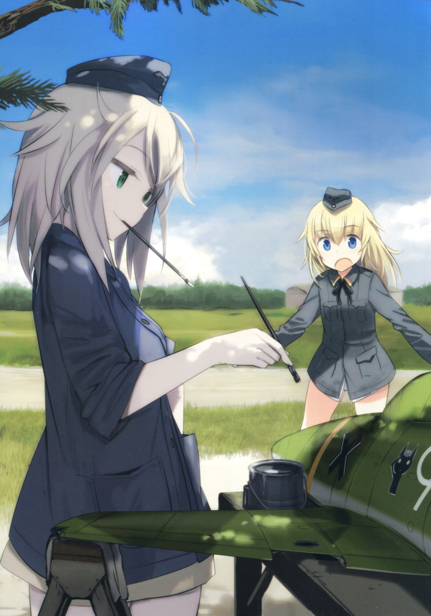 absurdres blonde_hair blue_eyes brush elfriede_schreiber garrison_cap green_eyes grey_hair hat helma_lennartz highres long_hair military military_uniform multiple_girls non-web_source official_art open_mouth outdoors shade shimada_fumikane striker_unit uniform world_witches_series