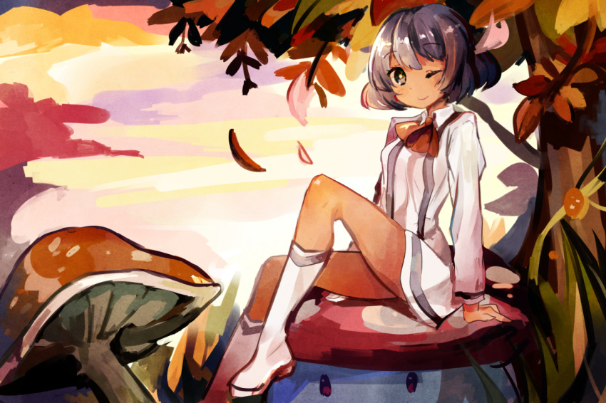 1girl arm_support autumn_leaves boots crablettes looking_at_viewer mushroom pokemon sina_(pokemon) sitting vileplume wink