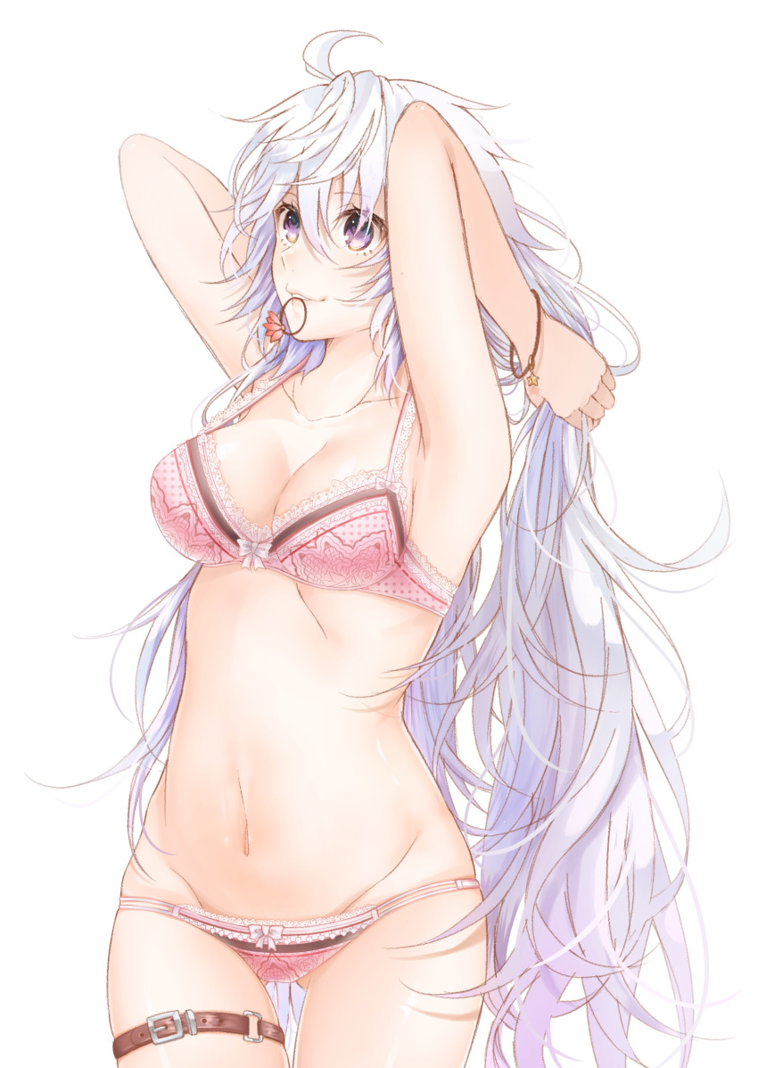 absurdres ahoge armpits arms_up ass_visible_through_thighs bangs bare_arms bow bow_bra bow_panties bra breasts buckle bunching_hair cleavage collarbone commentary_request cowboy_shot eyebrows_visible_through_hair fate/grand_order fate_(series) floral_print genderswap genderswap_(mtf) groin hair_between_eyes hair_tie hair_tie_in_mouth highres lace lace-trimmed_bra lace-trimmed_panties long_hair looking_away looking_up medium_breasts merlin_(fate) mouth_hold navel panties parted_lips pink_bra polka_dot polka_dot_bra polka_dot_panties print_bra print_panties purple_eyes rikaya010203 shiny shiny_skin simple_background skindentation smile solo standing star stomach thigh_gap thigh_strap underwear underwear_only very_long_hair white_background white_hair wristband