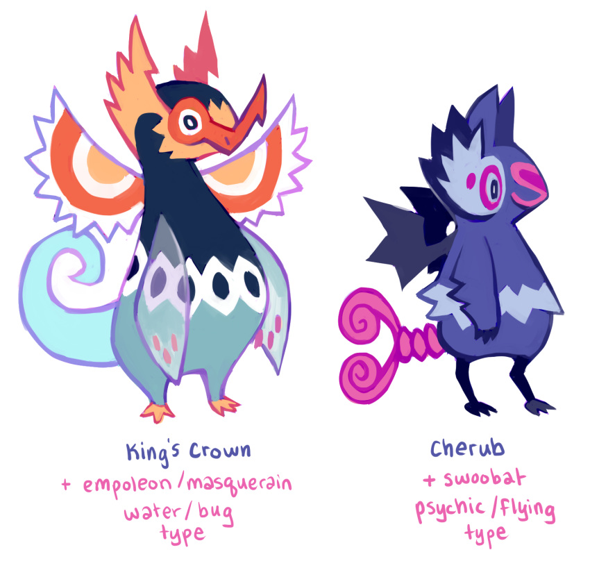 creature empoleon english full_body fusion gen_3_pokemon gen_4_pokemon gen_5_pokemon glitchedpuppet highres kecleon masquerain no_humans pokemon pokemon_(creature) purple_eyes simple_background standing swoobat white_background white_eyes wings