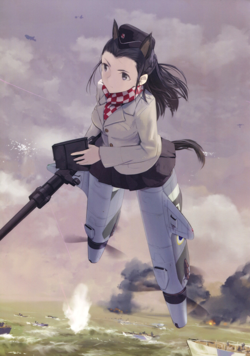 absurdres animal_ears black_hair braid checkered checkered_scarf fire gun highres long_hair military military_uniform non-web_source official_art pantyhose scarf shimada_fumikane smoke solo striker_unit tail uniform weapon wiktoria_urbanowicz world_witches_series