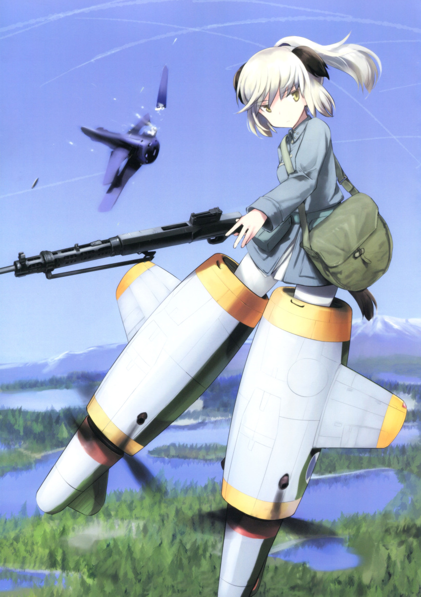 absurdres animal_ears bag blonde_hair gun highres laura_nissinen military military_uniform non-web_source official_art pantyhose ponytail scan shimada_fumikane solo striker_unit tail uniform weapon white_legwear world_witches_series yellow_eyes