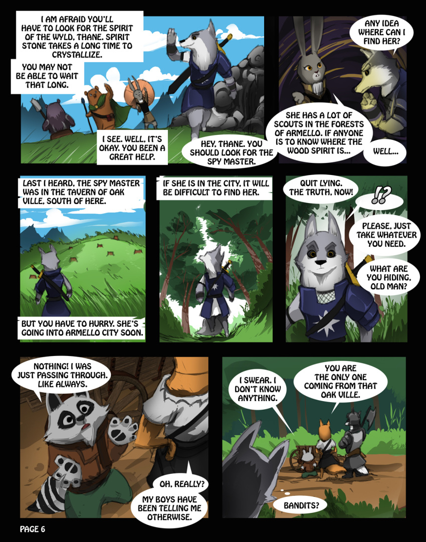 ! ? amber_(armello) amber_eyes armello armor badger baldric bear breastplate brun_(armello) canine cart cave clothed clothing cloud club_(weapon) comic digital_media_(artwork) english_text female forest fox fur grass halberd helmet horace_(armello) kneeling lagomorph male mammal melee_weapon mountain mustelid parasol plant polearm procyonid purpleground02 rabbit raccoon sana_(armello) scarlet_(armello) smile sword teeth text thane_(armello) threat tree tree_stump video_games weapon wolf