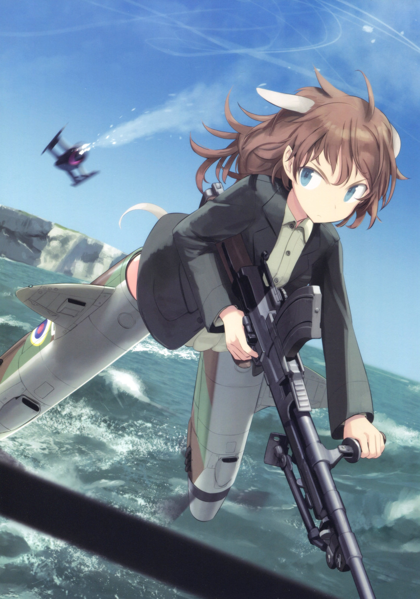 absurdres animal_ears blue_eyes brown_hair gun harriet_steer highres jacket long_hair machine_gun military military_uniform non-web_source official_art shimada_fumikane solo striker_unit tail uniform water weapon world_witches_series