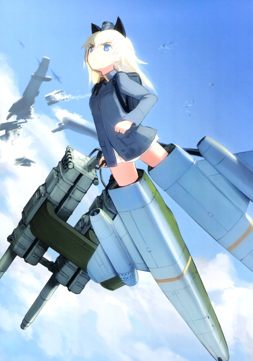 absurdres animal_ears antiaircraft_weapon backpack bag blonde_hair blue_eyes gun helma_lennartz highres long_hair military military_uniform non-web_source official_art panties shimada_fumikane sky solo striker_unit tail underwear uniform weapon white_panties world_witches_series