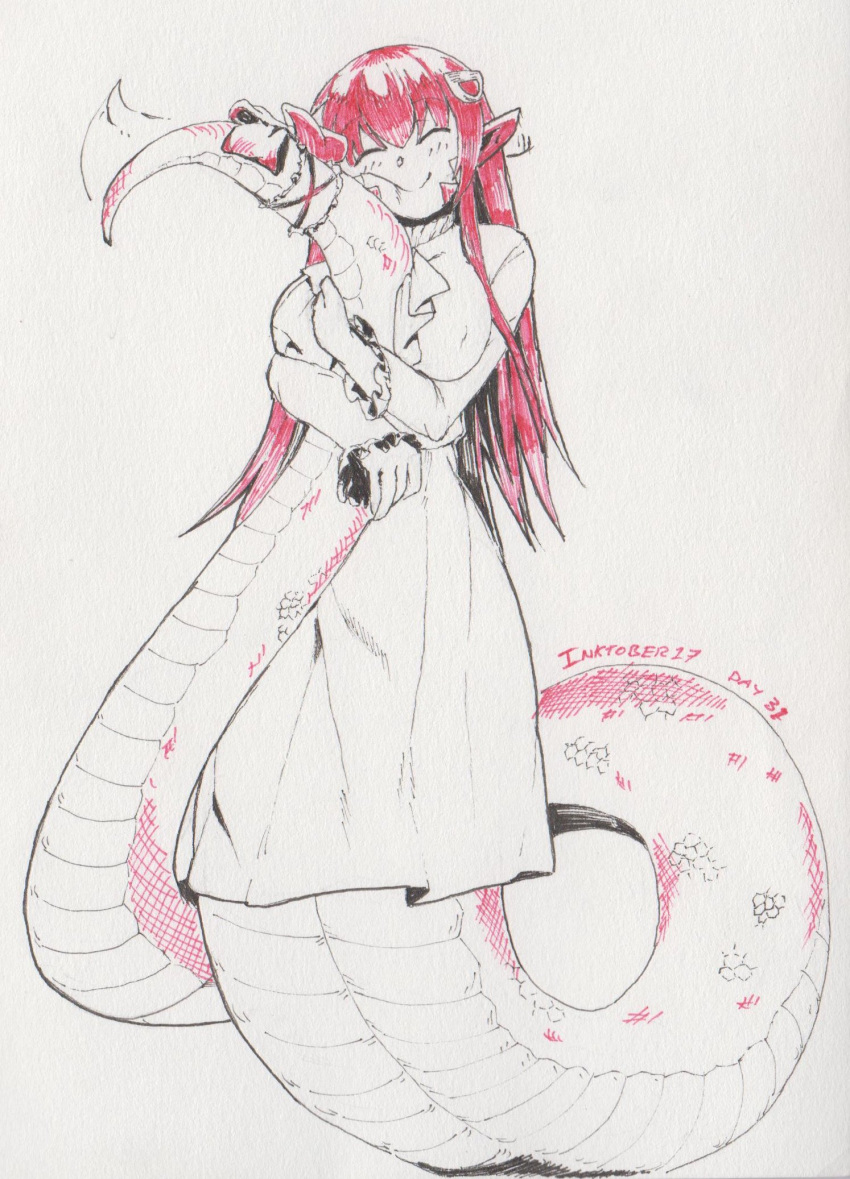 blush breasts closed_eyes closed_mouth commentary cowfee dated dress ear_wiggle english_commentary facing_viewer highres hug inktober lamia large_breasts long_hair long_sleeves miia_(monster_musume) monochrome monster_girl monster_musume_no_iru_nichijou pointy_ears red scales scan smile solo tail tail_hug traditional_media