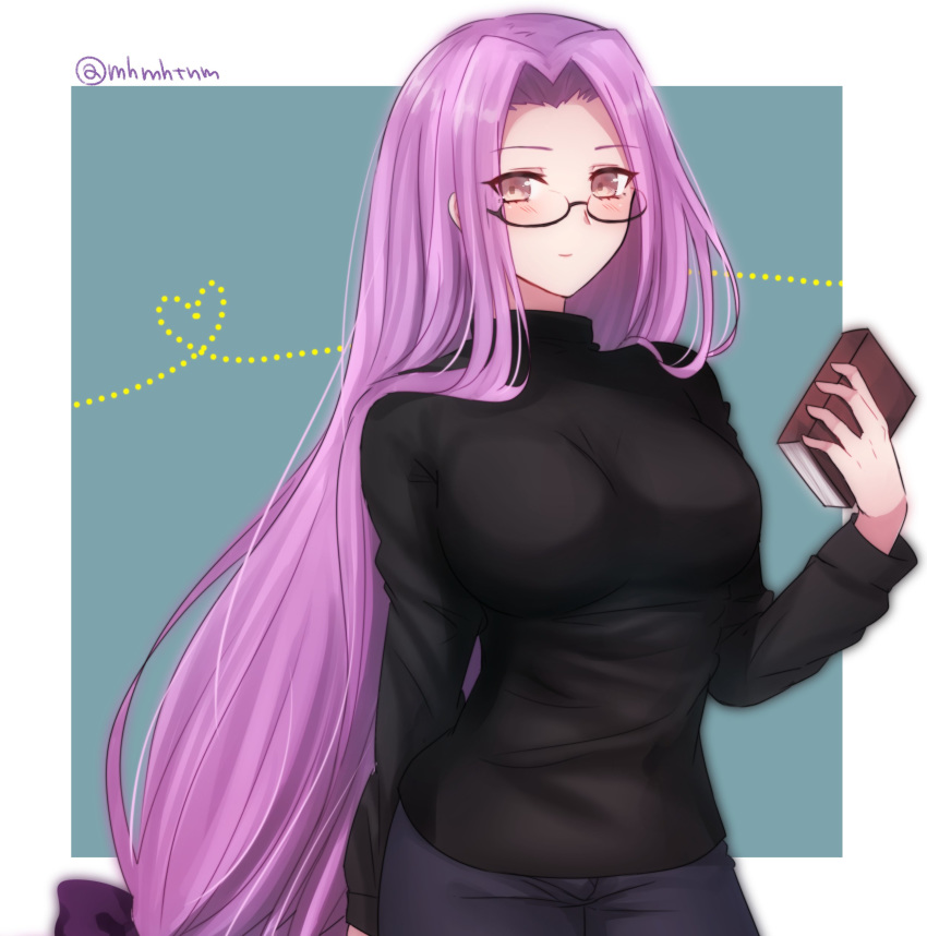 absurdres black-framed_eyewear black_sweater blush book bow breasts brown_eyes closed_mouth commentary_request contrapposto denim fate/stay_night fate_(series) glasses green_background hair_ribbon heart highres holding holding_book jeans large_breasts long_hair long_sleeves low-tied_long_hair pants purple_bow purple_eyes purple_hair ribbon rider semi-rimless_eyewear smile solo standing sweater tanaji tress_ribbon twitter_username under-rim_eyewear upper_body very_long_hair