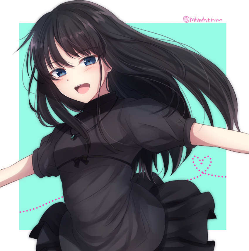 :d absurdres aqua_background bangs black_dress blue_eyes blush commentary_request dress eyebrows_visible_through_hair heart highres jewelry kara_no_kyoukai long_hair looking_at_viewer necklace open_mouth outstretched_arms puffy_short_sleeves puffy_sleeves ryougi_mana short_sleeves simple_background smile solo spread_arms standing tanaji twitter_username upper_body