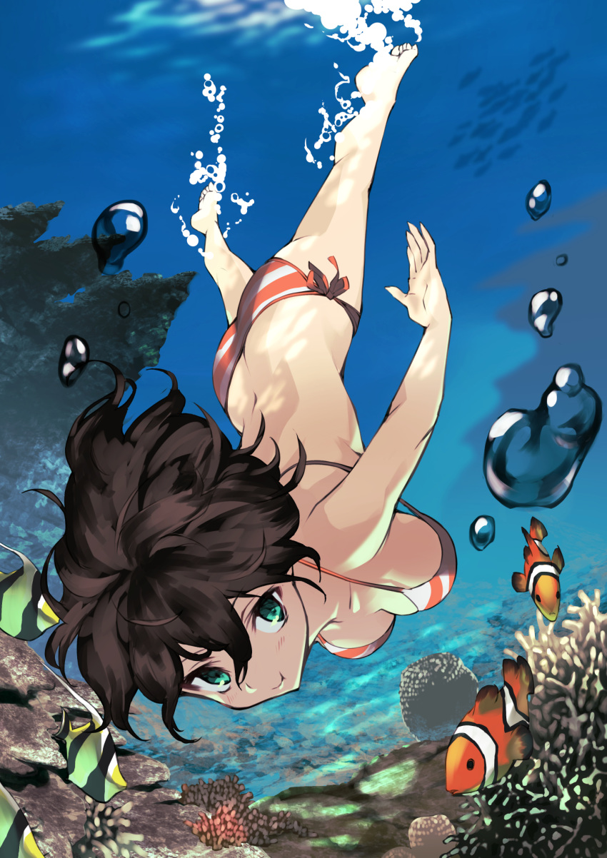 :t air_bubble angelfish bangs bare_legs barefoot bikini black_hair breasts bubble butt_crack closed_mouth clownfish commentary_request coral floating_hair freediving green_eyes hair_between_eyes highres holding_breath looking_at_viewer medium_breasts moe2018 nuqura ocean_bottom original red_bikini short_hair side-tie_bikini solo strap_gap striped striped_bikini swimming swimsuit underwater upside-down