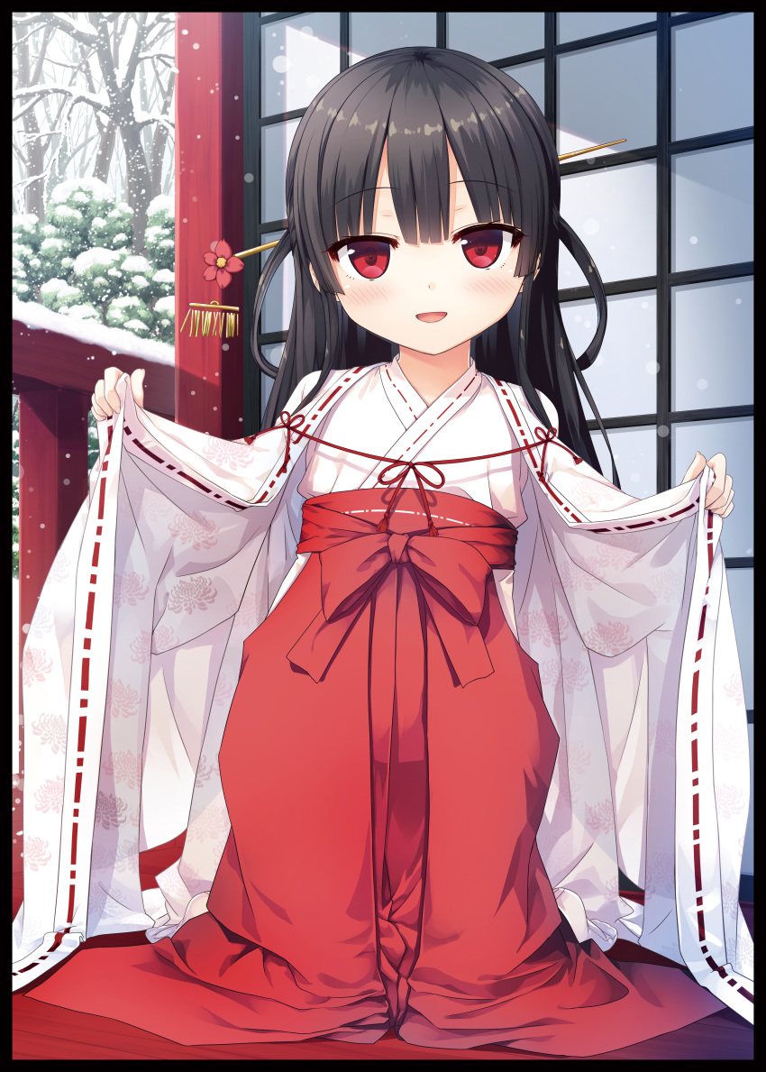 :d absurdres bangs bare_tree black_border black_hair blush border cura day enty_reward eyebrows_visible_through_hair fingernails full_body hachiroku_(maitetsu) hair_between_eyes hair_ornament hakama highres japanese_clothes long_hair looking_at_viewer maitetsu miko open_clothes open_mouth outdoors paid_reward railing red_eyes red_hakama ribbon-trimmed_legwear ribbon_trim smile snow snowing socks solo tree very_long_hair white_legwear