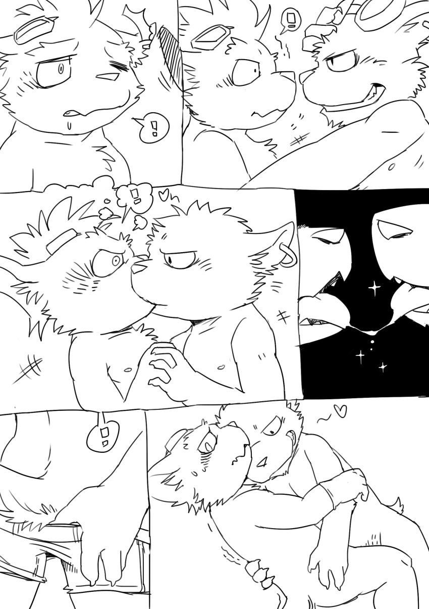 &lt;3 2015 absurd_res anthro clothing comic digital_drawing_(artwork) digital_media_(artwork) drooling embarrassed fur hi_res kissing league_of_legends makeout male male/male mammal monochrome nipples nude pubes riot_games rumble saliva shaking simple_background slugsdog smile undressing video_games yordle ziggs