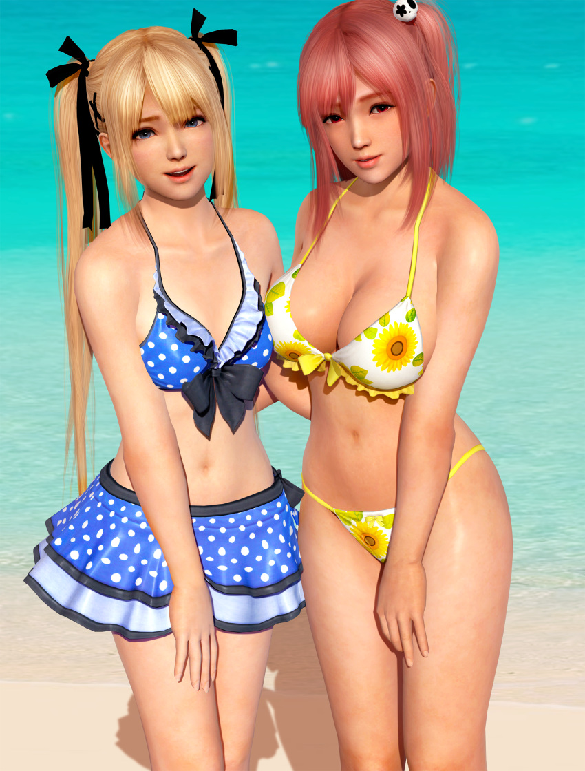 2girls 3d beach bikini blonde_hair blue_eyes breasts cleavage dead_or_alive female hair_ornament honoka_(doa) long_hair looking_at_viewer marie_rose multiple_girls navel ocean outdoors pink_hair radianteld red_eyes shiny shiny_skin source_filmmaker swimsuit tied_hair twintails very_long_hair