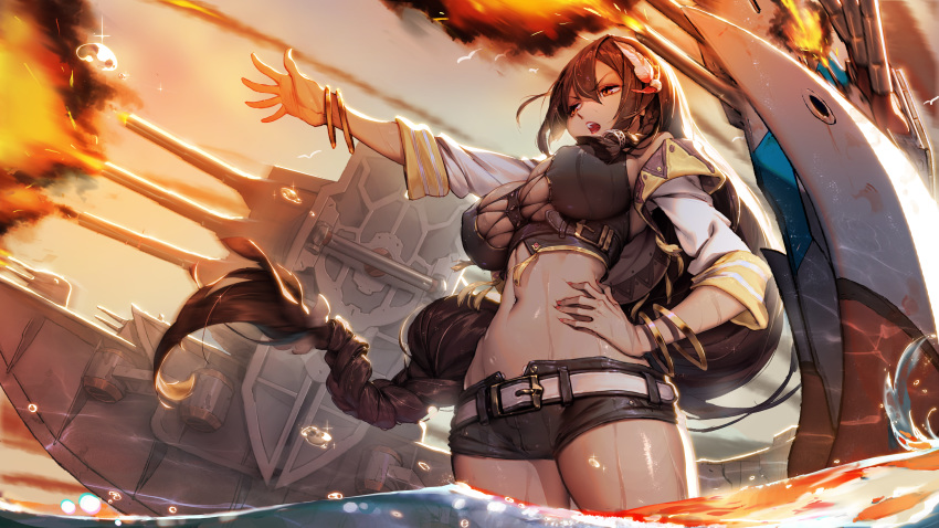 absurdres action azur_lane bangle bangs bare_shoulders belt bird black_hair bracelet braid breasts brown_eyes buckle cannon cleavage commentary_request crop_top dark_skin evening feathers firing floating_hair hair_between_eyes hair_feathers hair_ornament han-0v0 hand_on_hip highres jewelry large_breasts long_hair looking_afar machinery nail_polish native_american navel necklace open_mouth outdoors outstretched_hand rigging short_shorts shorts sidelocks skindentation sleeves_folded_up solo south_dakota_(azur_lane) splashing standing stomach tassel thighhighs turret wading water water_drop wet wet_clothes wet_hair