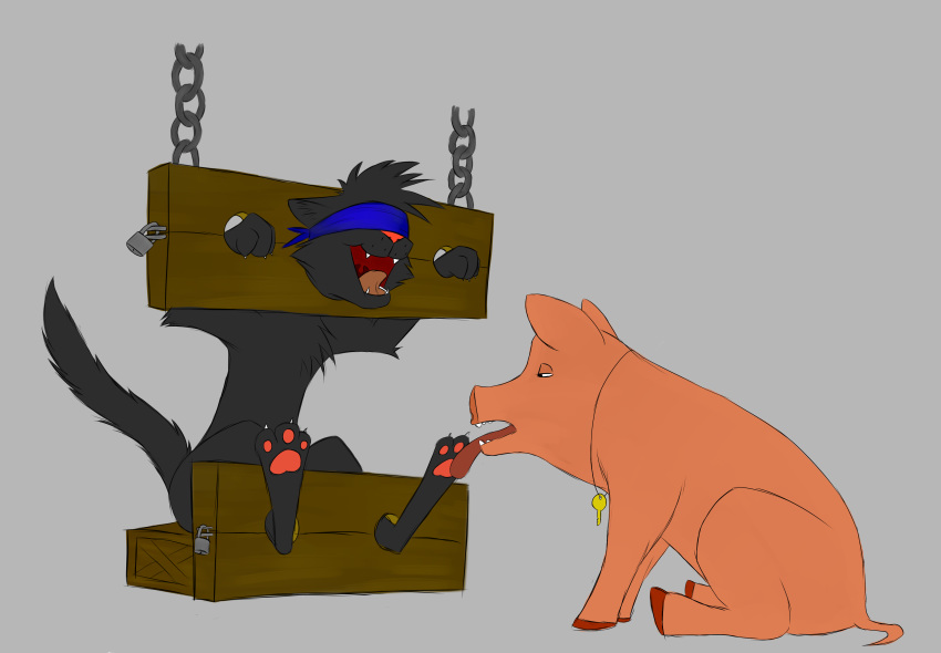 bdsm blindfold bondage bound cat evilpaw_(artist) feline key licking mammal pig porcine stocks tickle_torture tickling tongue tongue_out