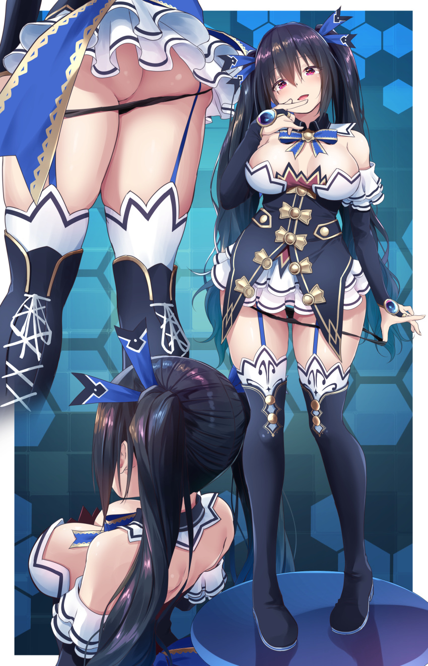 :d absurdres ass bare_shoulders black_footwear black_hair black_panties boots breasts bridal_gauntlets choujigen_game_neptune cleavage detached_collar detached_sleeves downblouse finger_to_mouth full_body garter_straps gem hair_ribbon hexagon highres honeycomb_(pattern) honeycomb_background lace large_breasts layered_skirt long_hair looking_at_viewer miniskirt multiple_views neptune_(series) noire oekakizuki open_mouth panties panty_pull pulled_by_self red_eyes ribbon shin_jigen_game_neptune_vii shoulder_blades skindentation skirt smile standing thigh_boots thighhighs thighhighs_under_boots thighs twintails underwear undressing upskirt very_long_hair white_legwear white_skirt