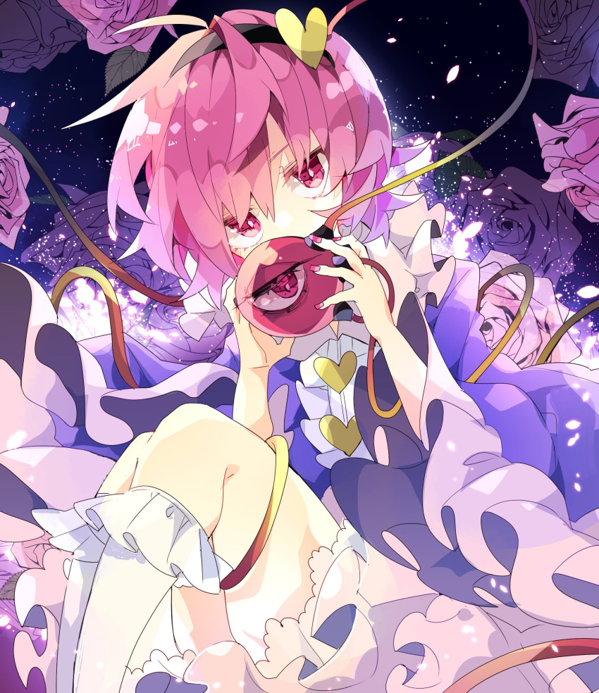 ahoge bangs black_headband blue_shirt eyeball fingernails flower frills heart highres holding jitome komeiji_satori looking_at_viewer nail_polish nikorashi-ka pink_eyes pink_flower pink_hair pink_nails pink_rose pink_skirt rose shirt short_hair skirt socks solo third_eye touhou white_legwear