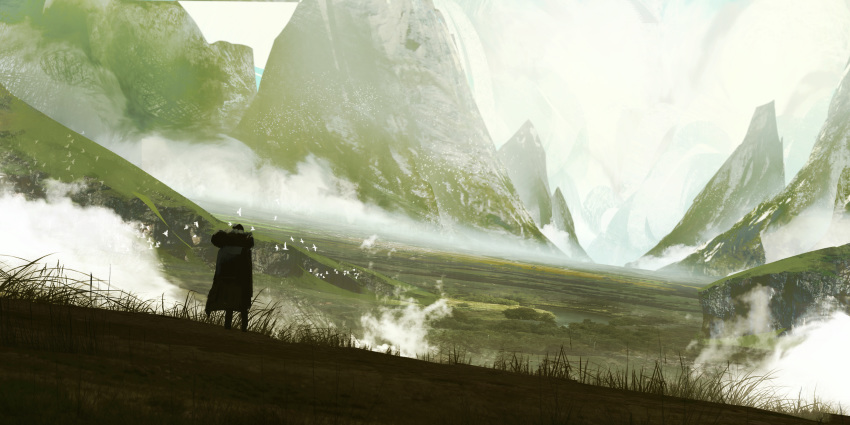 absurdres asuteroid backpack bad_id bad_pixiv_id bag bird commentary_request day flock fog fur_trim grass highres hill hood hood_down iris_(asuteroid) mountain no_humans original outdoors scenery solo standing valley