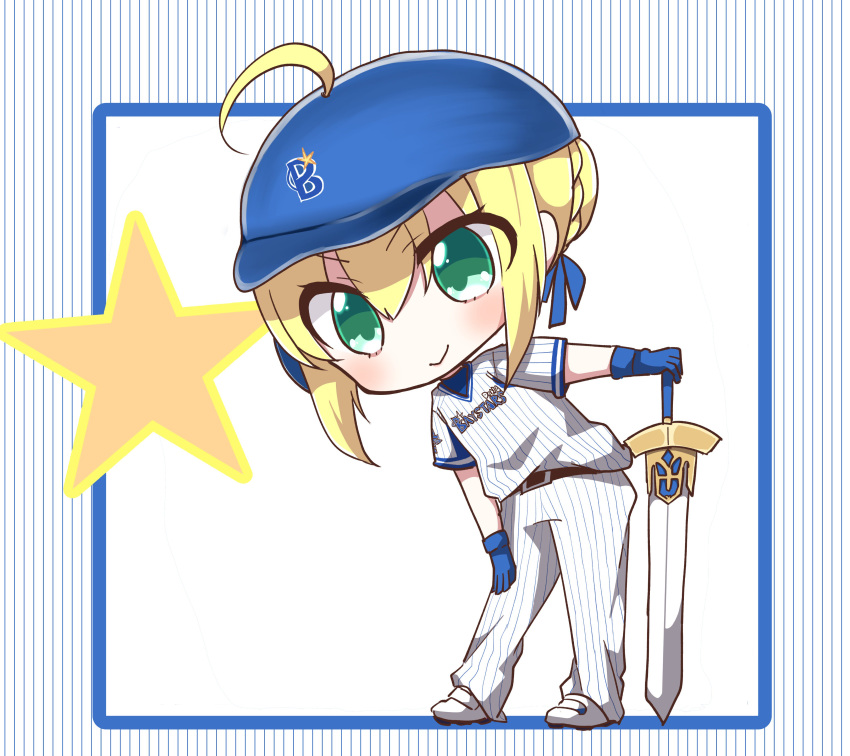 absurdres alternate_costume artoria_pendragon_(all) bangs baseball_cap baseball_uniform belt belt_buckle black_belt blonde_hair blue_gloves blue_hat blue_ribbon blush braid buckle closed_mouth commentary_request excalibur eyebrows_visible_through_hair fate/stay_night fate_(series) gloves green_eyes hair_between_eyes hair_bun hair_ribbon hair_through_headwear hand_on_hilt hat highres jako_(jakoo21) leaning_to_the_side long_hair nippon_professional_baseball pants ribbon saber shirt shoes short_sleeves smile solo sportswear standing star striped striped_background striped_shirt vertical-striped_background vertical-striped_pants vertical-striped_shirt vertical_stripes very_long_hair white_footwear white_pants white_shirt yokohama_dena_baystars