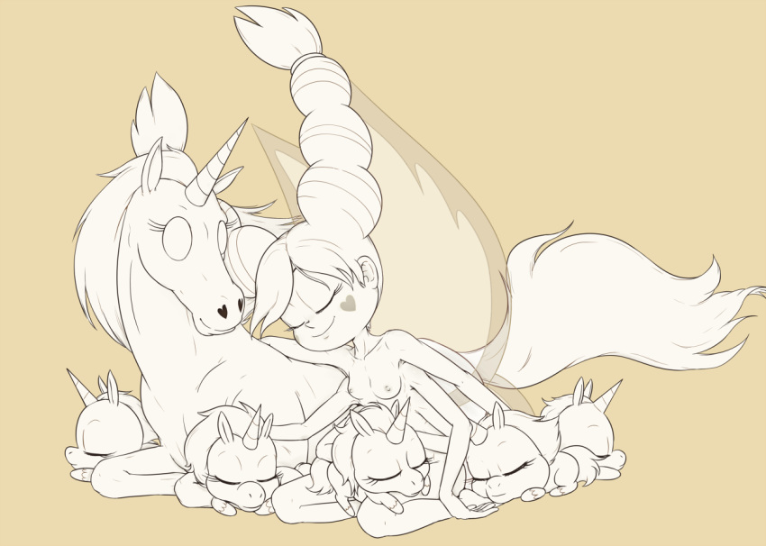2018 5_fingers arthropod breasts cub cute equine eyes_closed female feral gentpaux group hair hi_res horn humanoid insect kneeling long_hair mammal monochrome multi_arm multi_limb nipples nude simple_background sleeping smile star_butterfly star_vs._the_forces_of_evil unicorn young