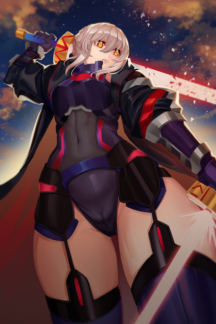 artoria_pendragon_(all) blonde_hair boobplate breastplate breasts cameltoe closed_mouth cloud cloudy_sky commentary_request covered_navel cowboy_shot excalibur fate/grand_order fate_(series) from_below gaoyang_ou_nisang garter_straps hair_between_eyes hand_up highres holding holding_sword holding_weapon leotard medium_breasts mysterious_heroine_x_(alter) navel night outdoors sky solo sword thighhighs thighs weapon yellow_eyes