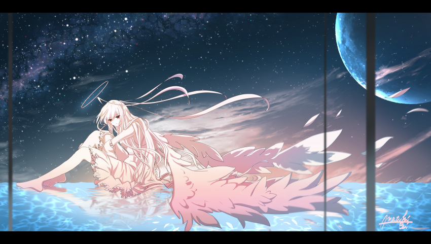 amatsuki_rei angel angel_wings bad_id bad_pixiv_id barefoot commentary_request dress fantasy halo highres letterboxed long_hair looking_at_viewer milky_way original planet red_eyes reflection scenery signature sitting sitting_on_water sky solo star_(sky) starry_sky wings