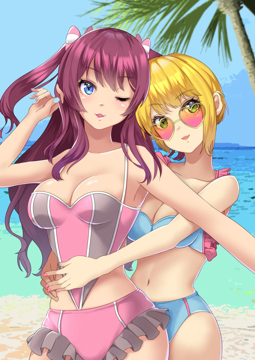 2girls :3 :d ;3 ;d absurdres adjusting_hair bare_arms bare_shoulders beach bikini blonde_hair blue_bikini blue_eyes blue_nails blue_swimsuit blush breasts cleavage collarbone commentary_request couple day eyebrows_visible_through_hair female frilled_bikini frilled_swimsuit frills green-framed_eyewear green_eyes grey_bikini grey_swimsuit hair_ribbon happy head_tilt heart heart-shaped_eyewear hibernation highres hug hug_from_behind ichinose_shiki idolmaster idolmaster_cinderella_girls large_breasts lazy_lazy_(idolmaster) light_blue_bikini light_blue_nails light_blue_swimsuit lips long_hair looking_at_viewer medium_breasts midriff miyamoto_frederica multicolored multicolored_bikini multicolored_clothes multicolored_swimsuit multiple_girls nail_polish navel neck ocean one_eye_closed open_mouth outdoors palm_tree pink_bikini pink_nails pink_ribbon pink_swimsuit purple_hair ribbon sand sea short_hair smile standing sunglasses swimsuit tree two_side_up yuri